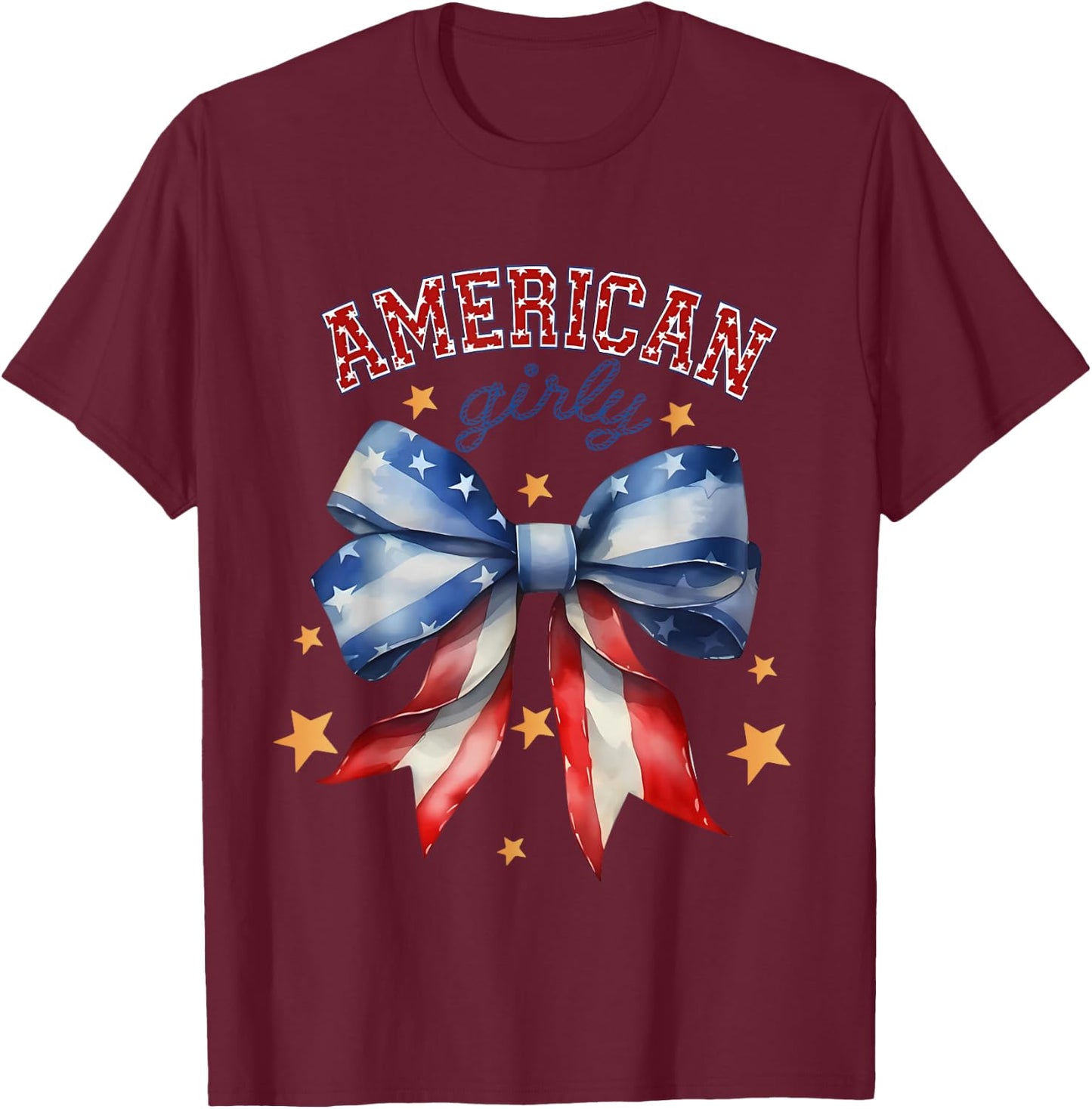American Girly Coquette Bow 4th of July Flag Women Girls T-Shirt - T-Shirt | Maroon
