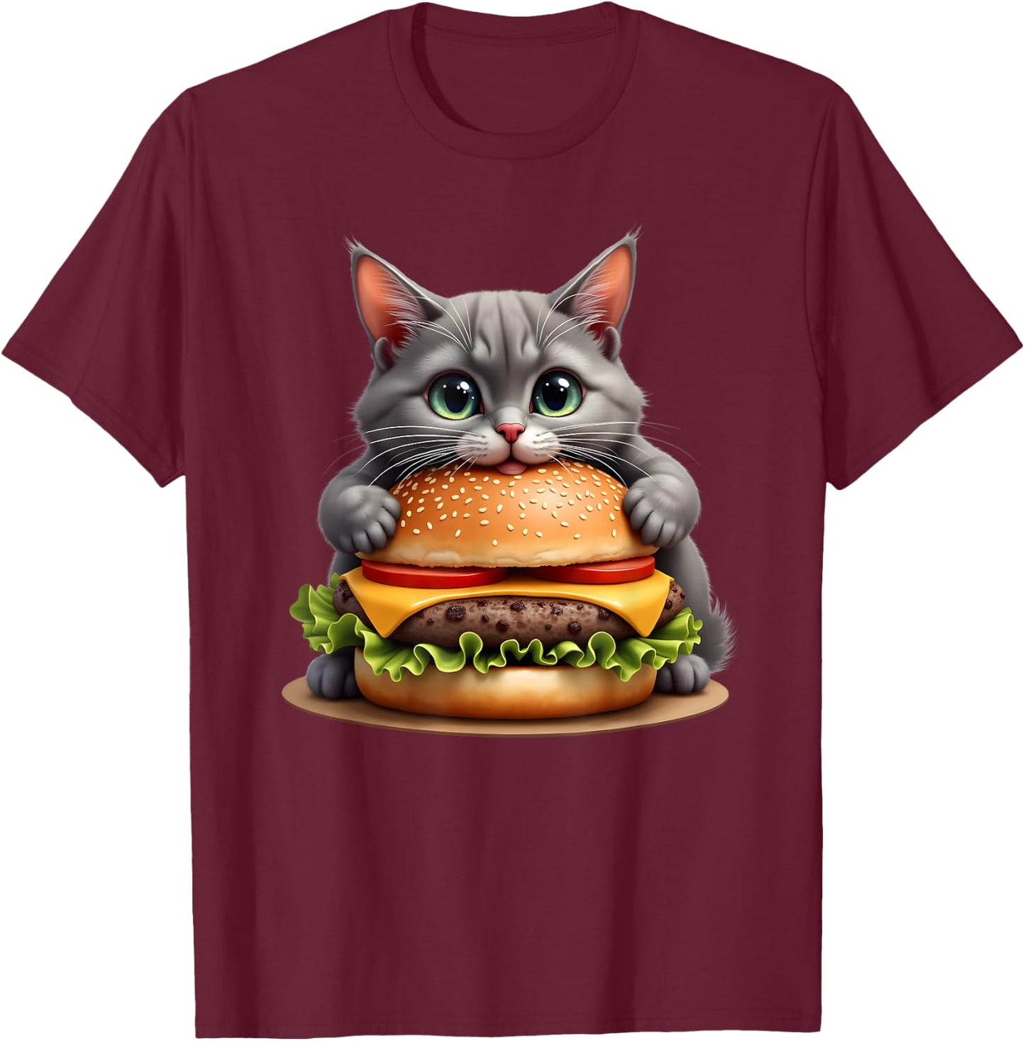 Funny Fast Food Cat Burger Lover Cute Cats Cheeseburger Women Kids T-Shirt - T-Shirt | Maroon