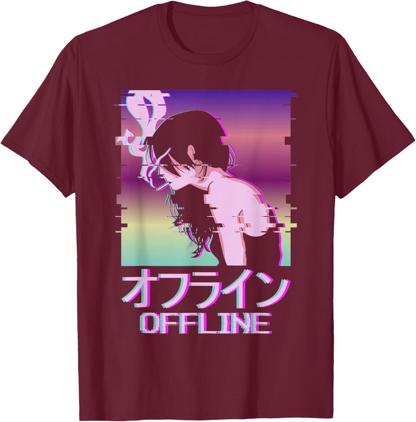 Offline Japanese Vaporwave Alt Indie Aesthetic Anime Girl T-Shirt - T-Shirt | Maroon