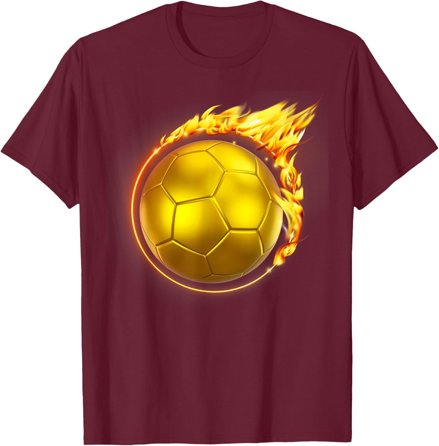 Gold Soccer Ball Flames Flaming Flying Soccer Ball on Fire T-Shirt - T-Shirt | Maroon