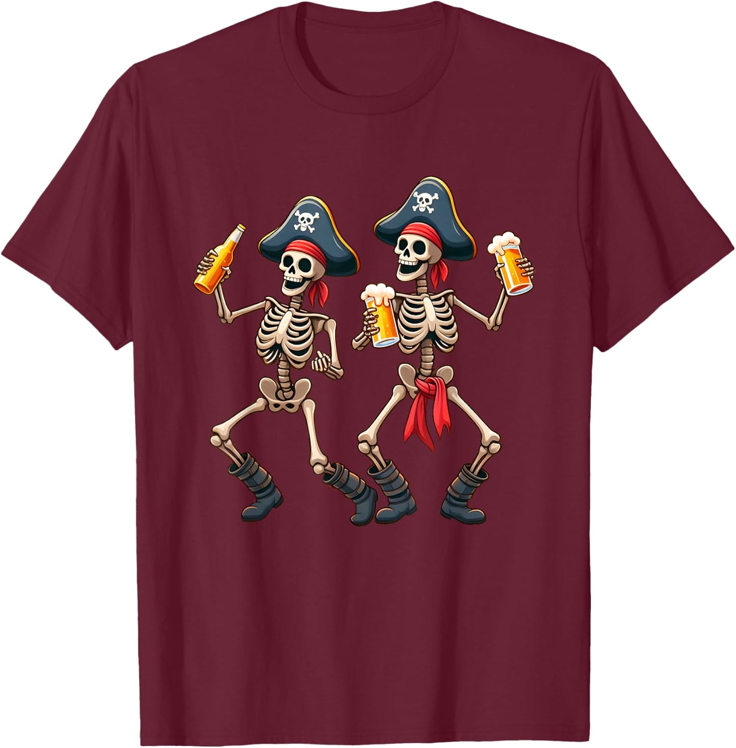 Funny Dancing Pirate Skeletons Beer Drinking Halloween Party T-Shirt - T-Shirt | Maroon