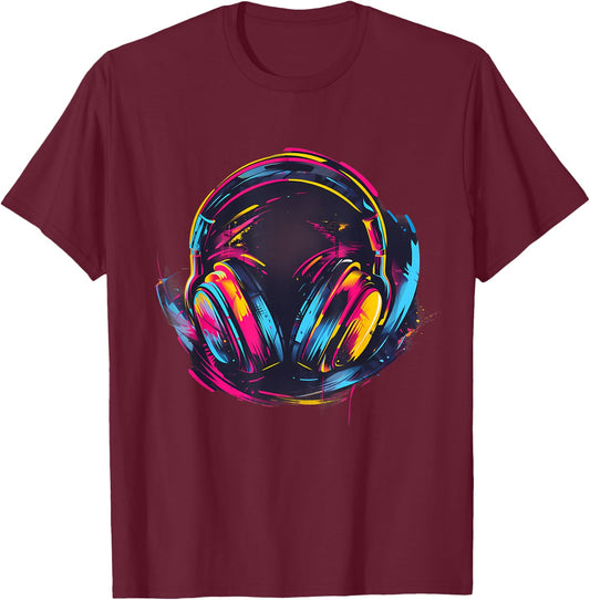 Headphones Music DJ Colourful Music Lover Music Headphones T-Shirt - T-Shirt | Maroon