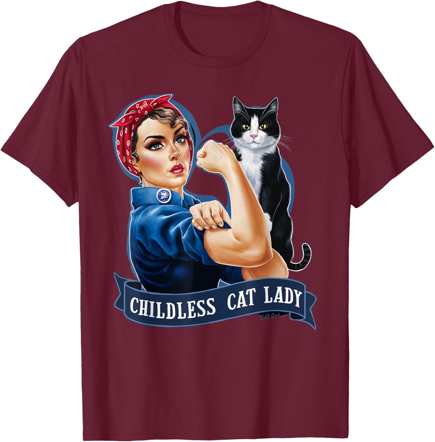 Childless Cat Lady Design Rosie the Riveter T-Shirt - T-Shirt | Maroon