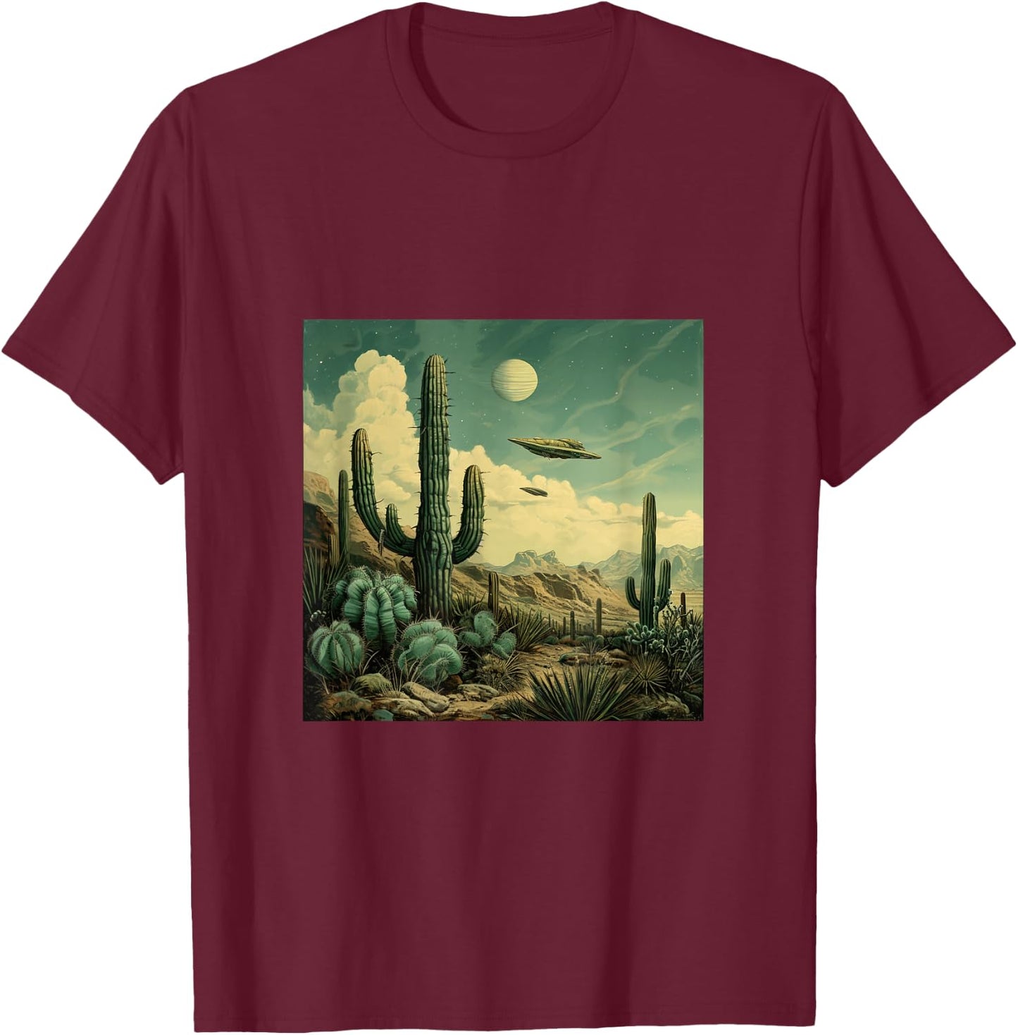Flying Aliens UFO Cactus Desert T-Shirt - T-Shirt | Maroon