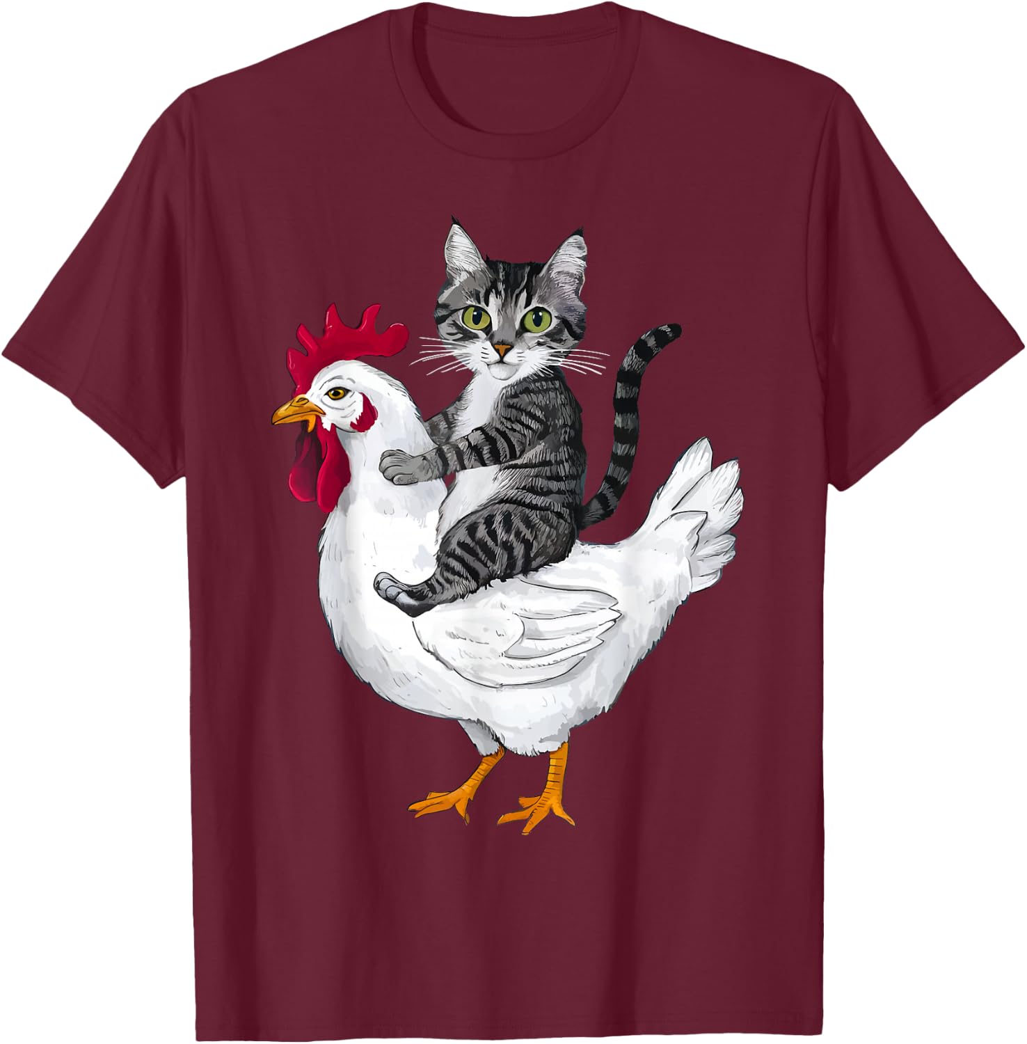Funny Cat on a Chicken Lover T-Shirt - T-Shirt | Maroon