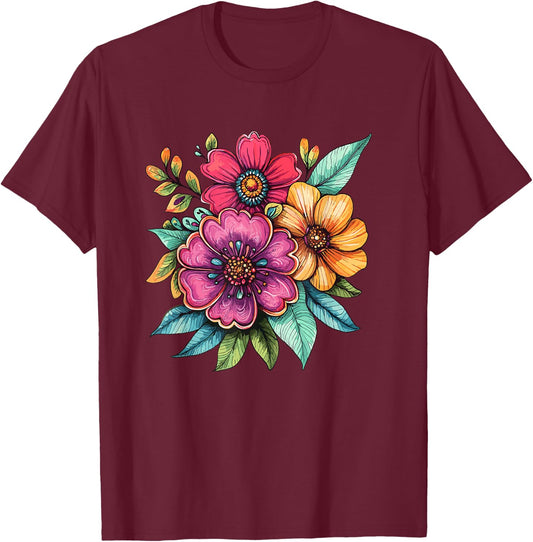 Colorful Wildflower Bouquet Bright Spring Floral T-Shirt - T-Shirt | Maroon