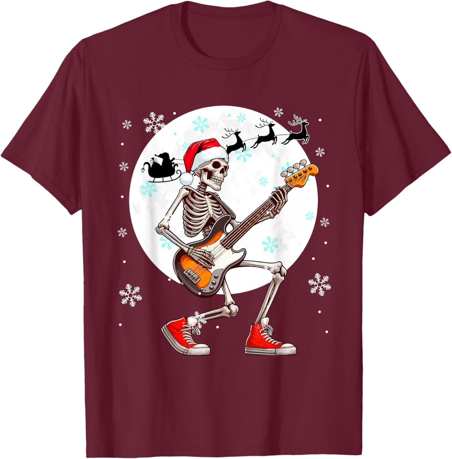 Christmas Santa Skeletons Playing Guitar Bass Guitarist T-Shirt - T-Shirt | Maroon