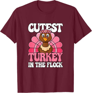 Cutest Turkey In The Flock Thanksgiving Women Girls Kids T-Shirt - T-Shirt | Maroon