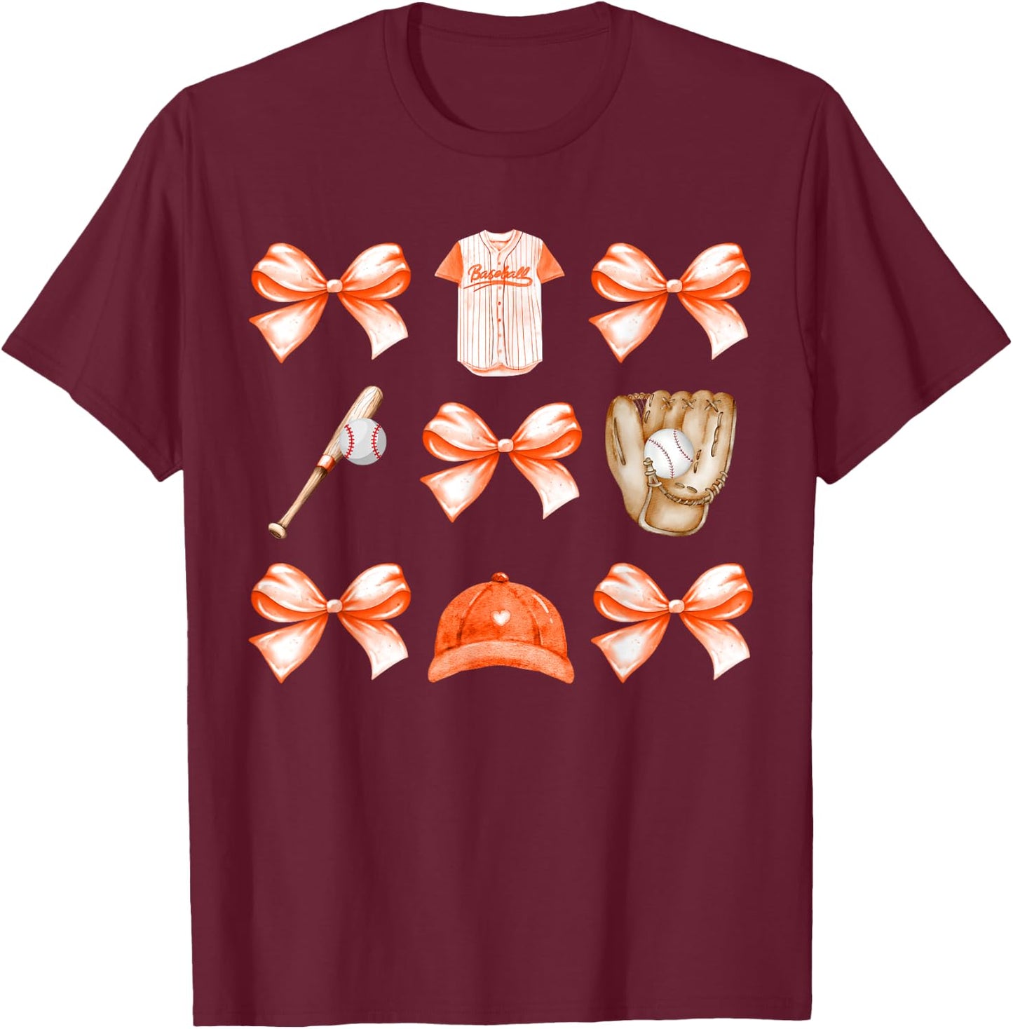 Baseball Game Day Orange Coquette Bow Baseball Mom Retro T-Shirt - T-Shirt | Maroon