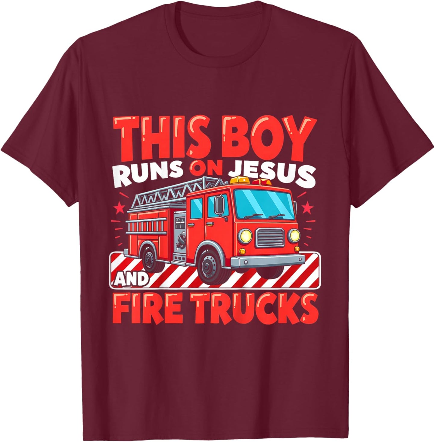 Kids This Boy Runs on Jesus and Fire Trucks Firefighter Toddler T-Shirt - T-Shirt | Maroon