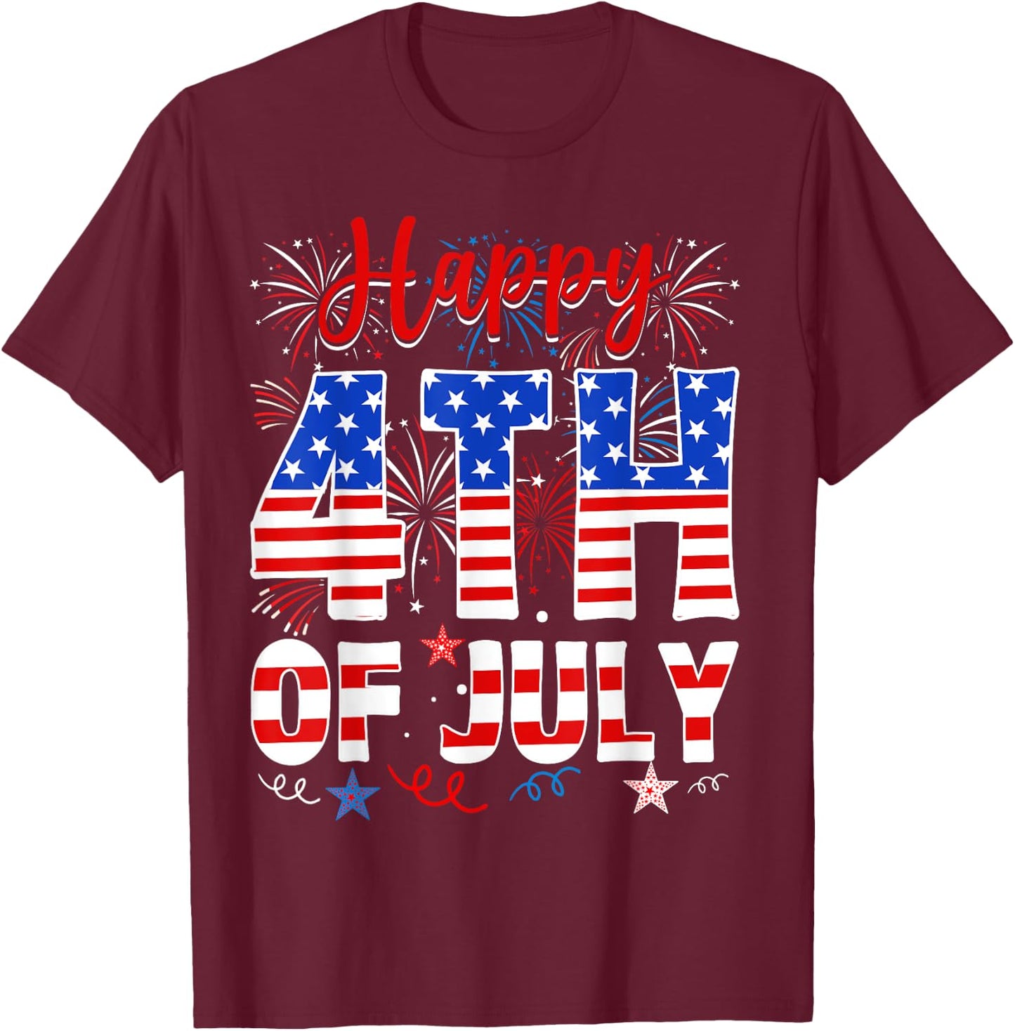 Happy 4th Of July Shirt Fireworks US Flag American Patriotic T-Shirt - T-Shirt | Maroon
