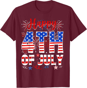 Happy 4th Of July Shirt Fireworks US Flag American Patriotic T-Shirt - T-Shirt | Maroon