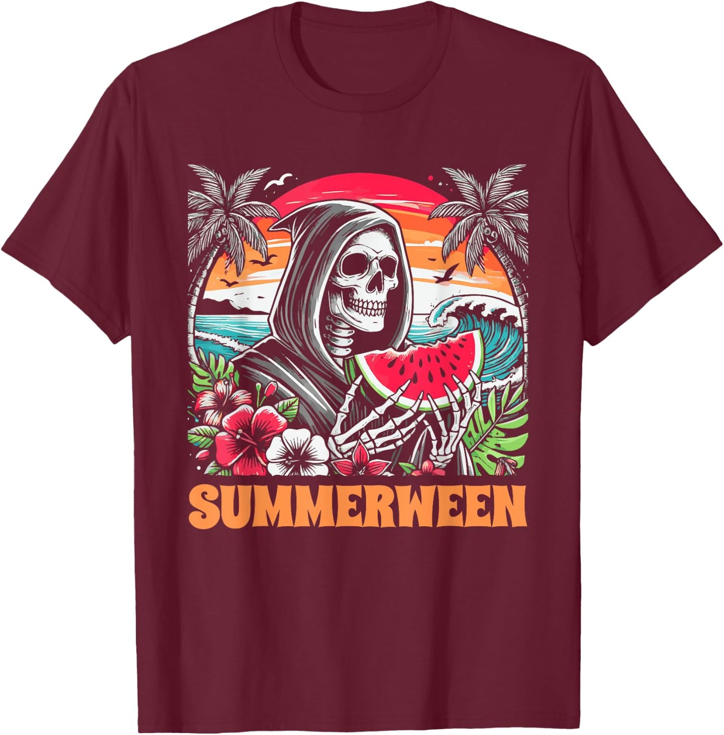 Summerween Skeleton Tropical Beach Scene T-Shirt - T-Shirt | Maroon