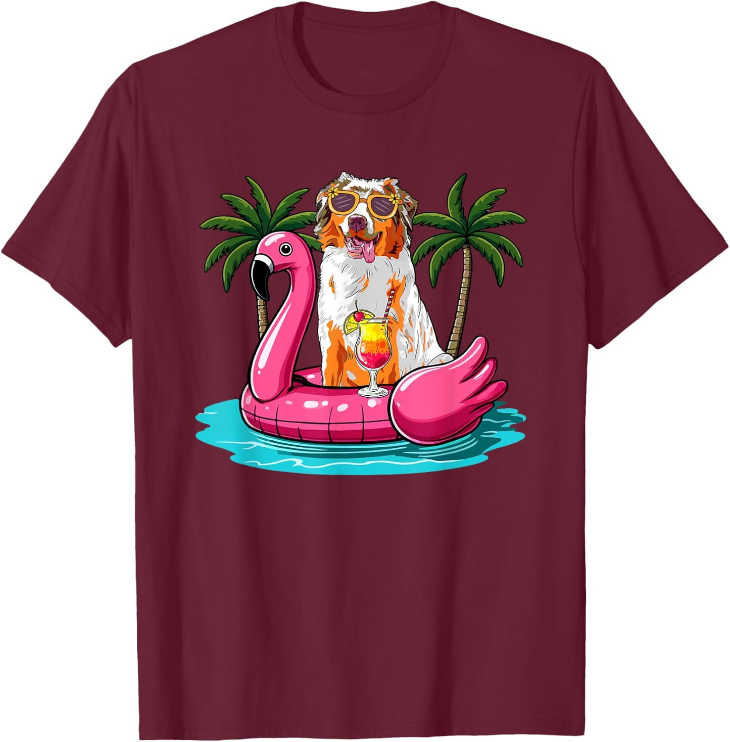 Australian Shepherd Sunglasses On Flamingo Cute Float Lover T-Shirt - T-Shirt | Maroon