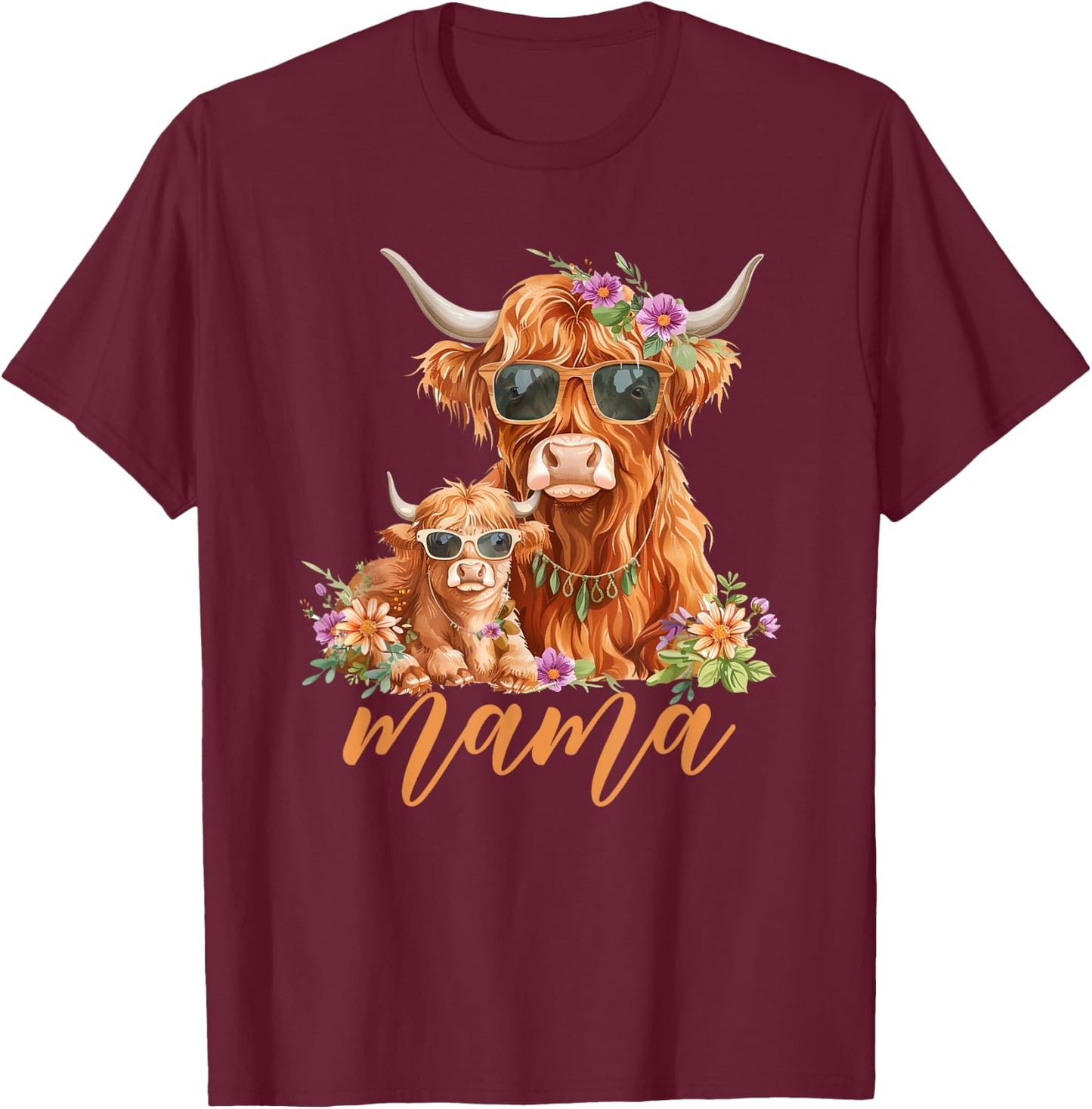 Cute Mama Highland Cow With Baby Calf Boho Floral Mommy Cow T-Shirt - T-Shirt | Maroon