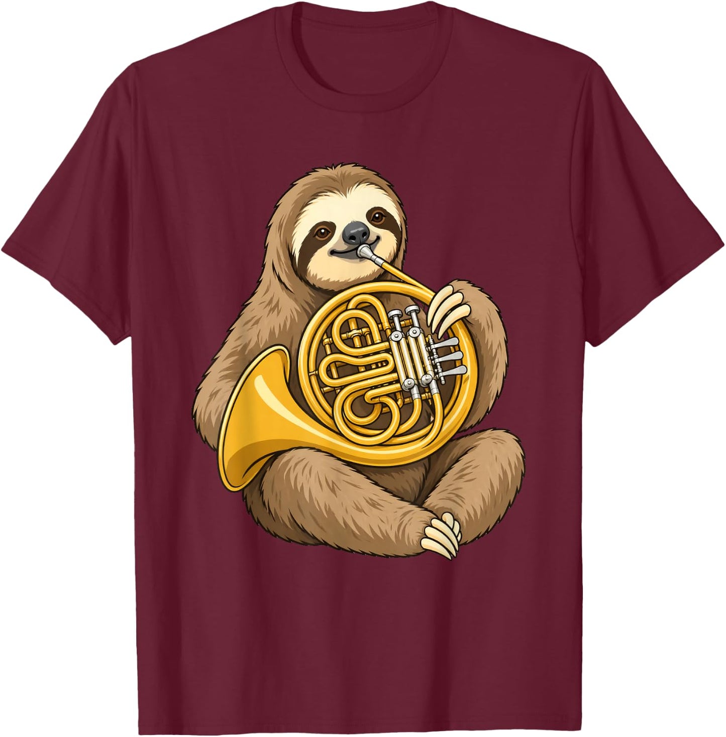 Cute Sloth Playing French Horn Musician Music T-Shirt - T-Shirt | Maroon