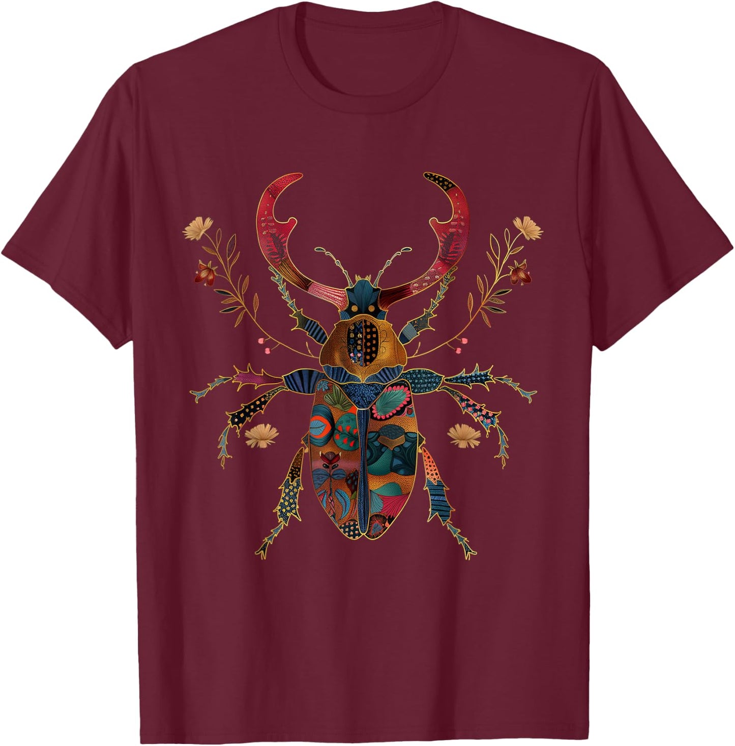 Deer Beetle Flowers Insects Beetle Tattoo Entomology T-Shirt - T-Shirt | Maroon
