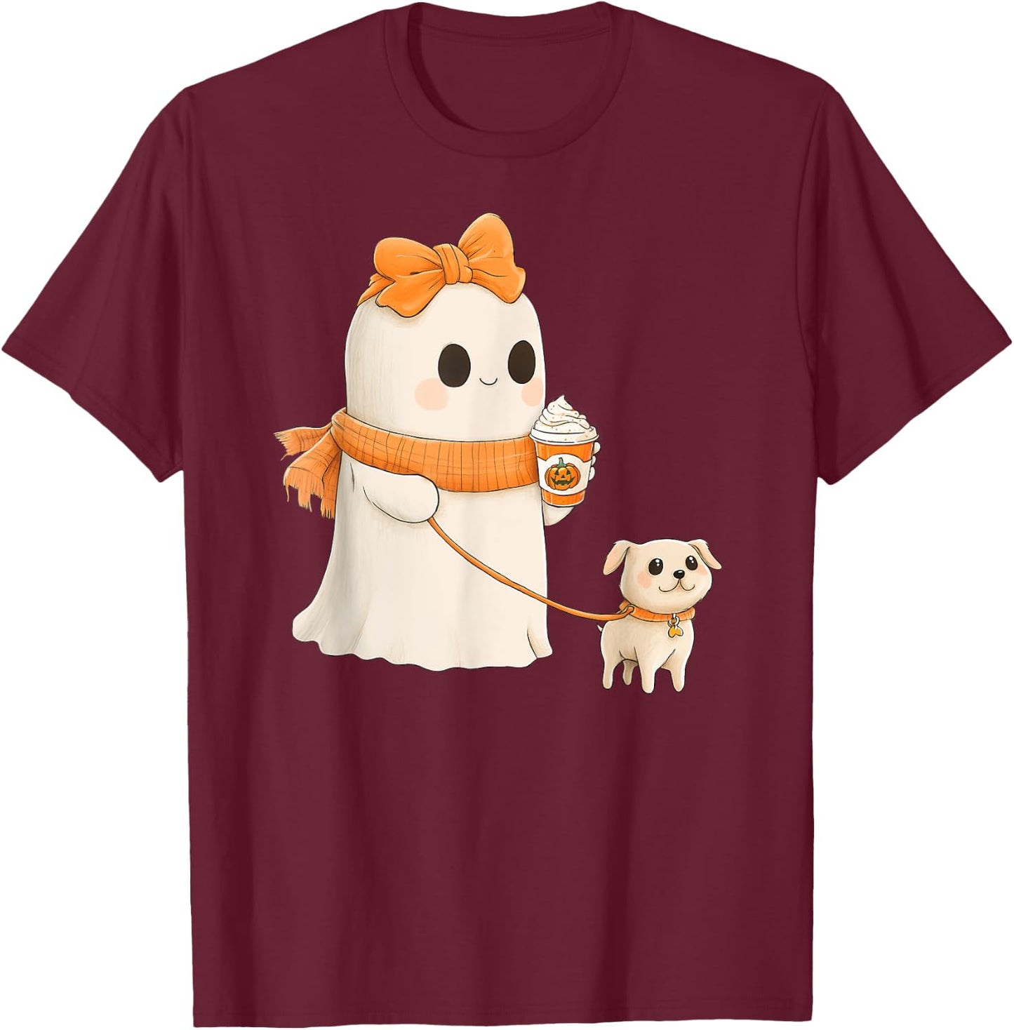 Cute Ghost Walking Dog Coquette Bow Halloween Dog Lover Girl T-Shirt - T-Shirt | Maroon
