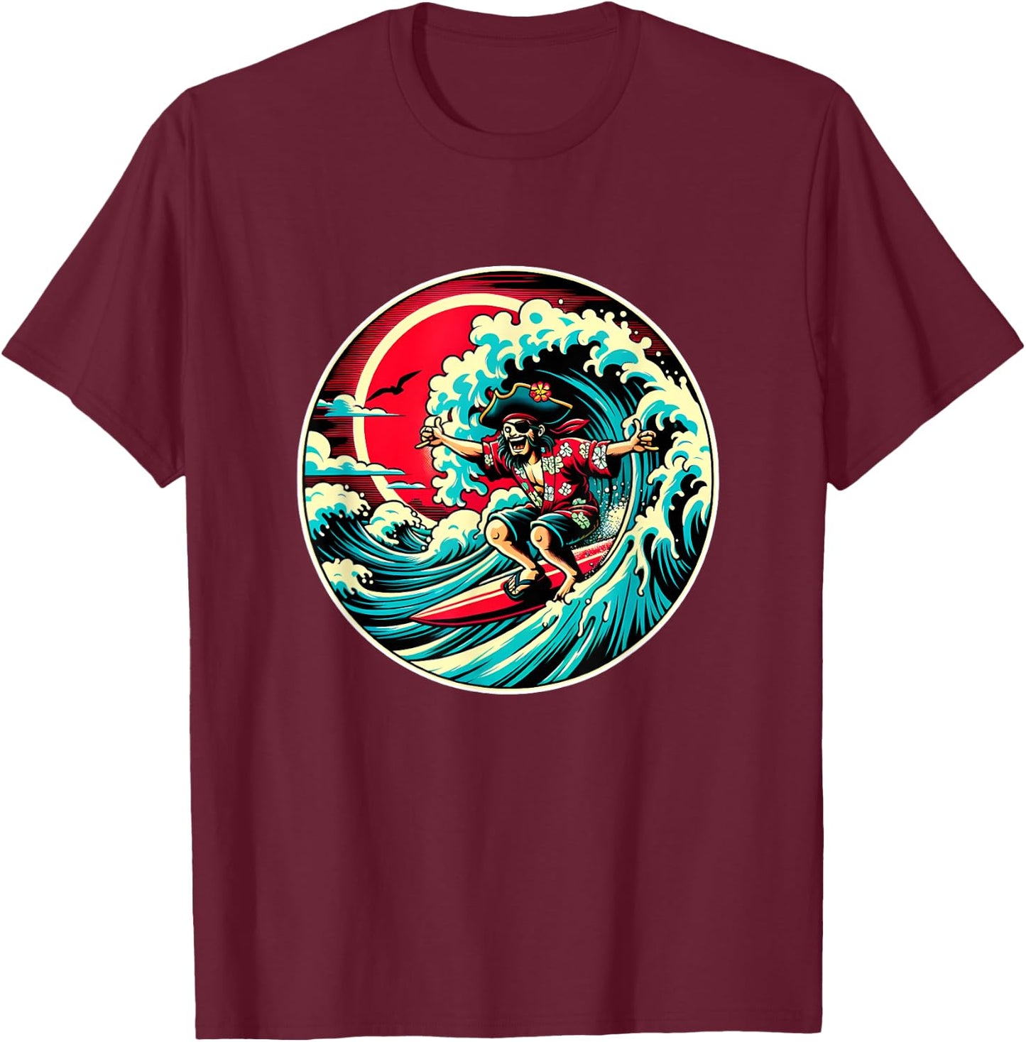 Great Wave Kanagawa Pirate Surfing T-Shirt - T-Shirt | Maroon