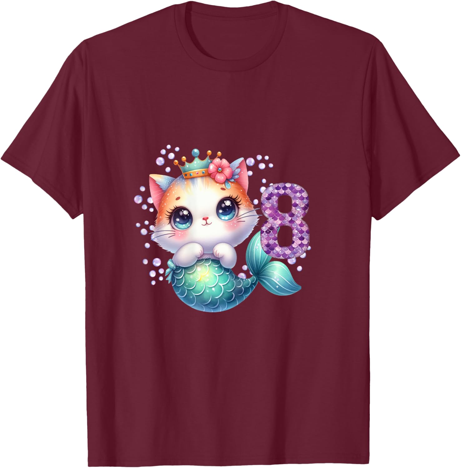 Cat Mermaid 8th Birthday 8 Year Old Party Girls Outfit T-Shirt - T-Shirt | Maroon