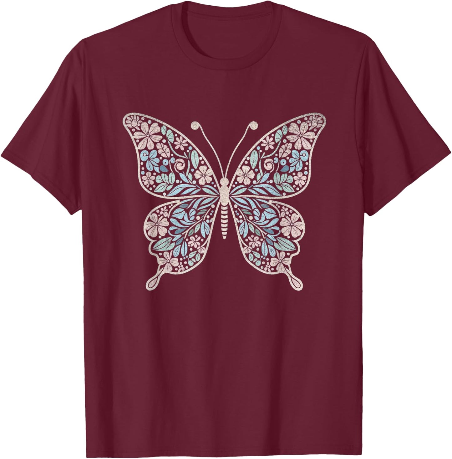 Flower Butterfly with Floral Graphic and Girls T-Shirt - T-Shirt | Maroon