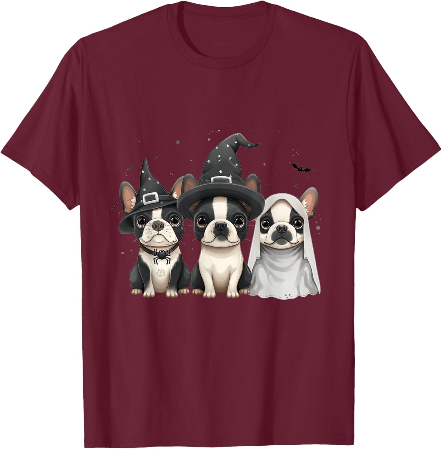 Cute Halloween Boston Terrier Dogs Witch Hat Ghost Dog Women Kids T-Shirt - T-Shirt | Maroon