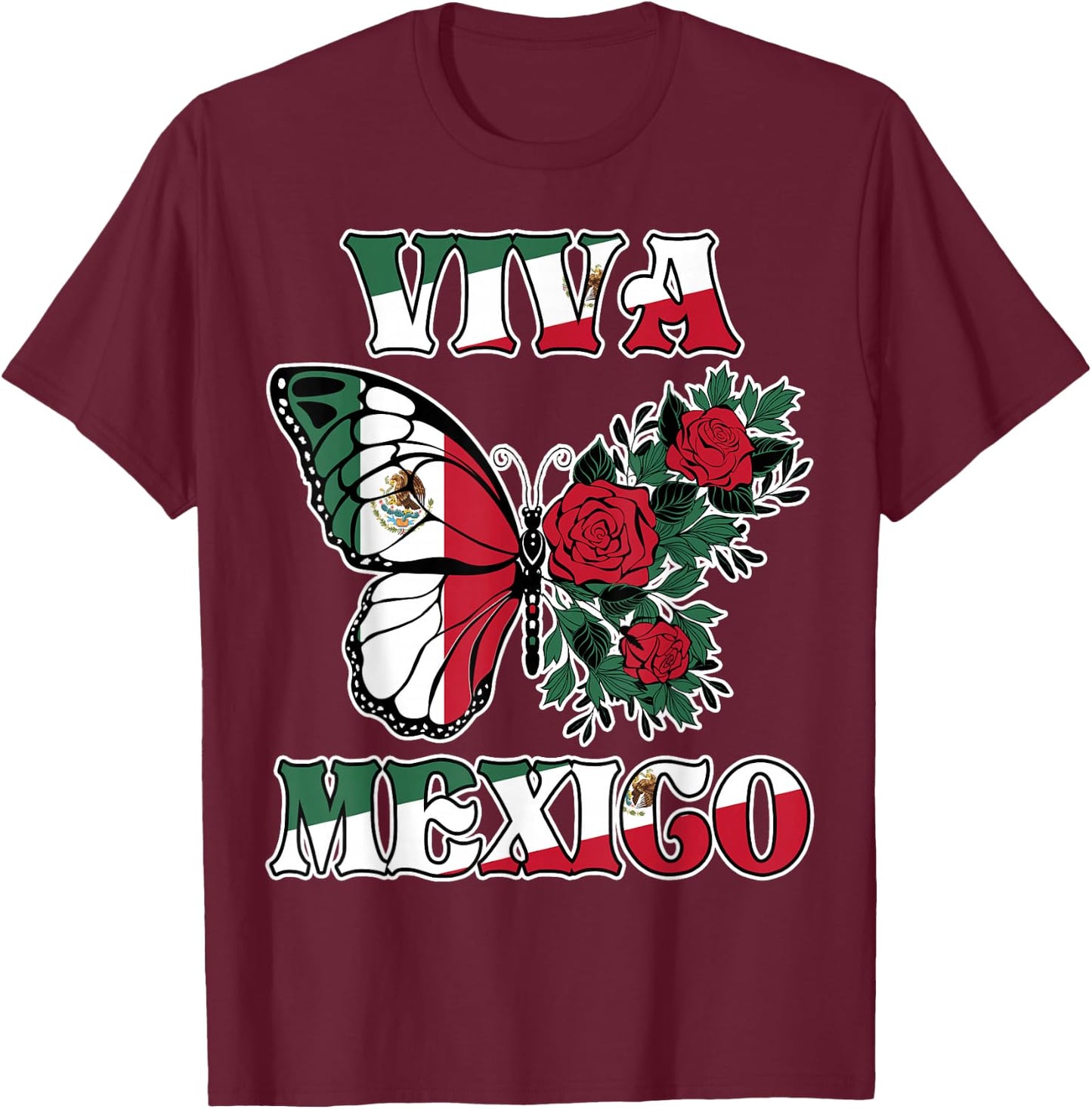 Mexican Independence Day Viva Mexico Butterfly Girls Women T-Shirt - T-Shirt | Maroon