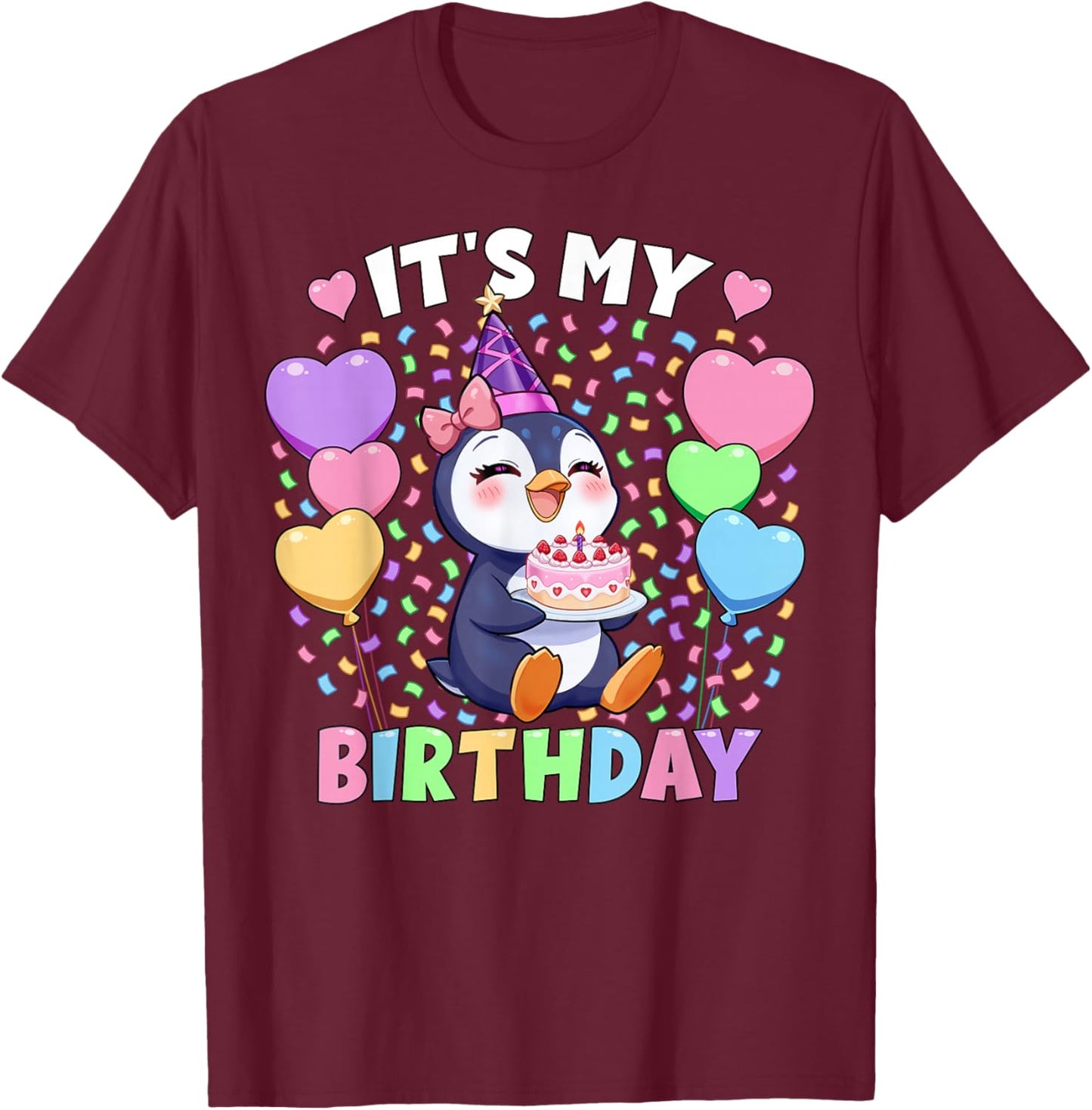 Girls Penguin Birthday Shirt | It's My Birthday Penguin T-Shirt - T-Shirt | Maroon
