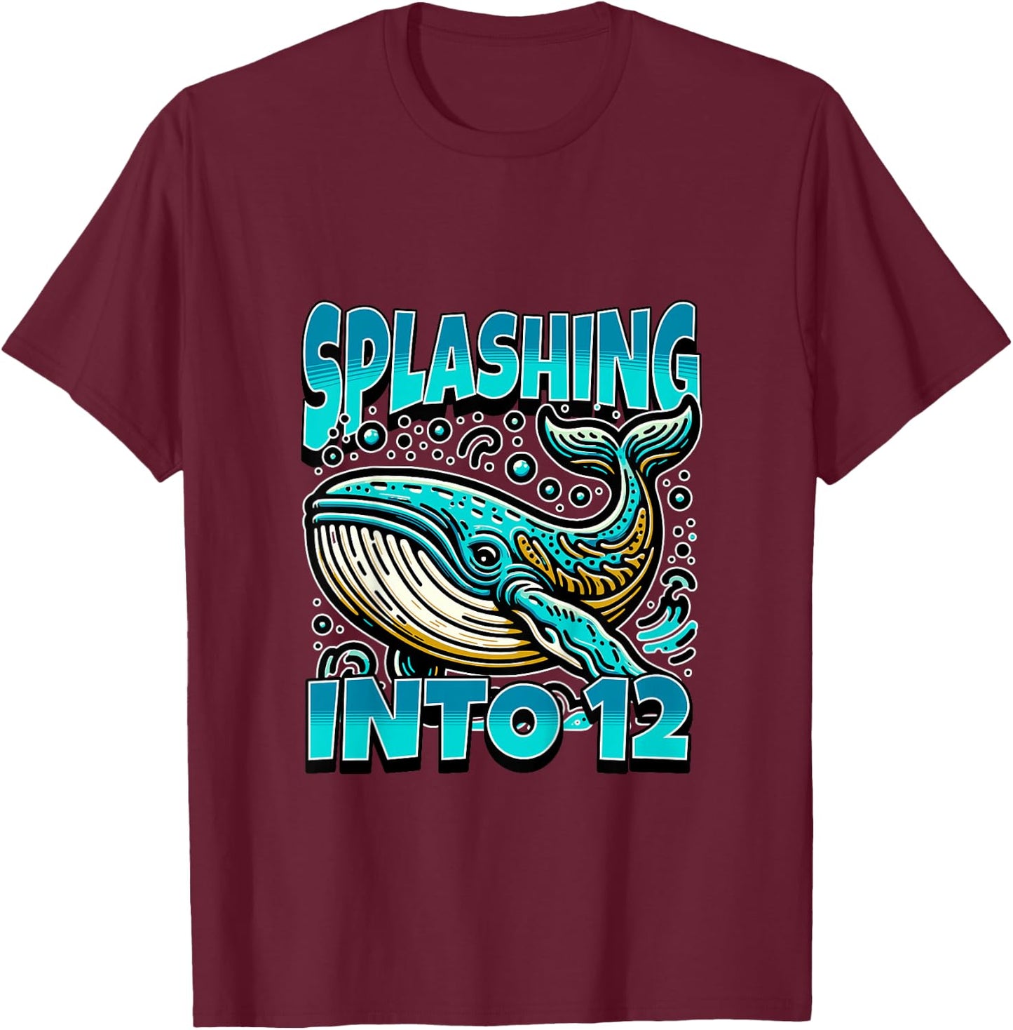 Kids Whale Splashing Into 12 Year Old 12th Birthday Boy T-Shirt - T-Shirt | Maroon