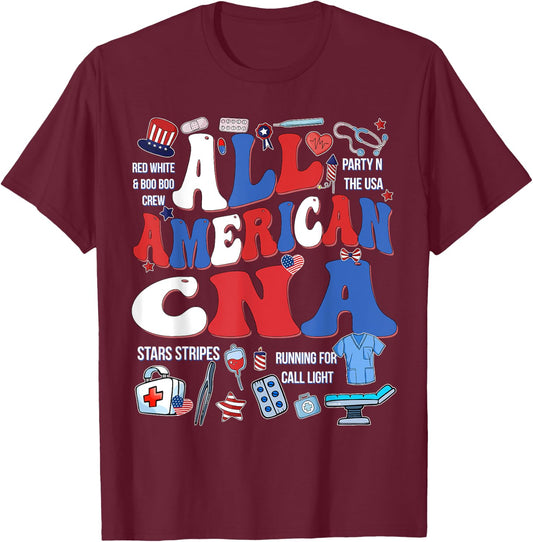 All American CNA 4th Of July Scrub Top Patriot Women RN CNA T-Shirt - T-Shirt | Maroon