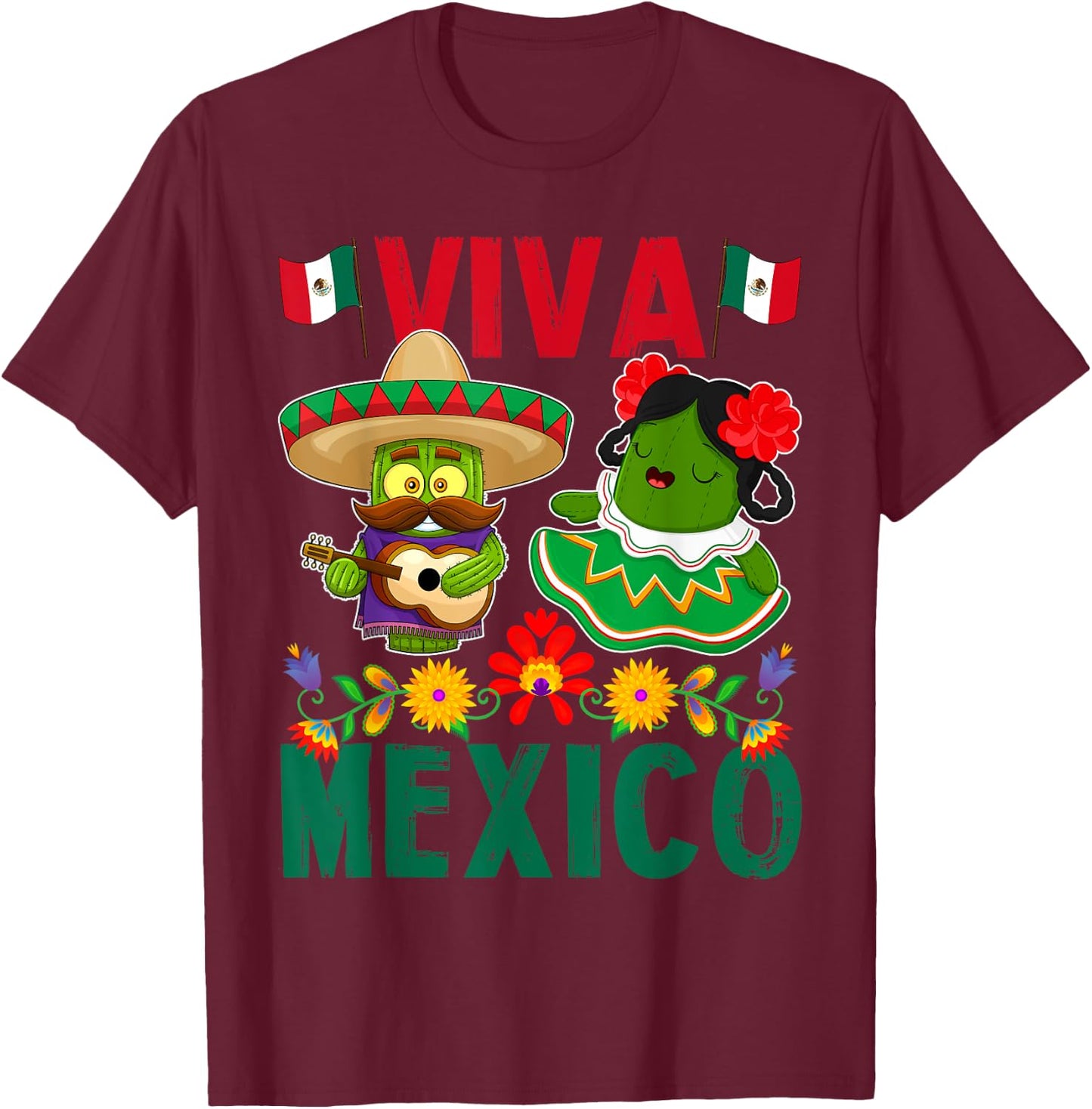 Viva Mexico Mexican Independence Day Mexican Flag Guitar T-Shirt - T-Shirt | Maroon