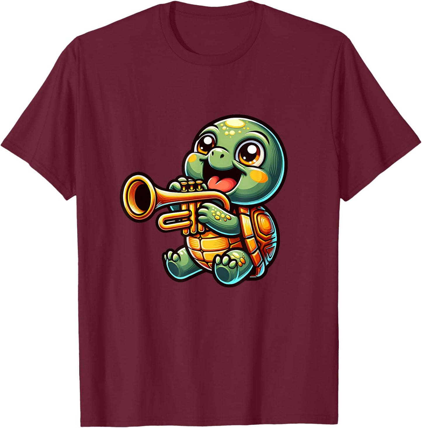 Cute Turtle Playing Trumpet Cartoon Design T-Shirt - T-Shirt | Maroon