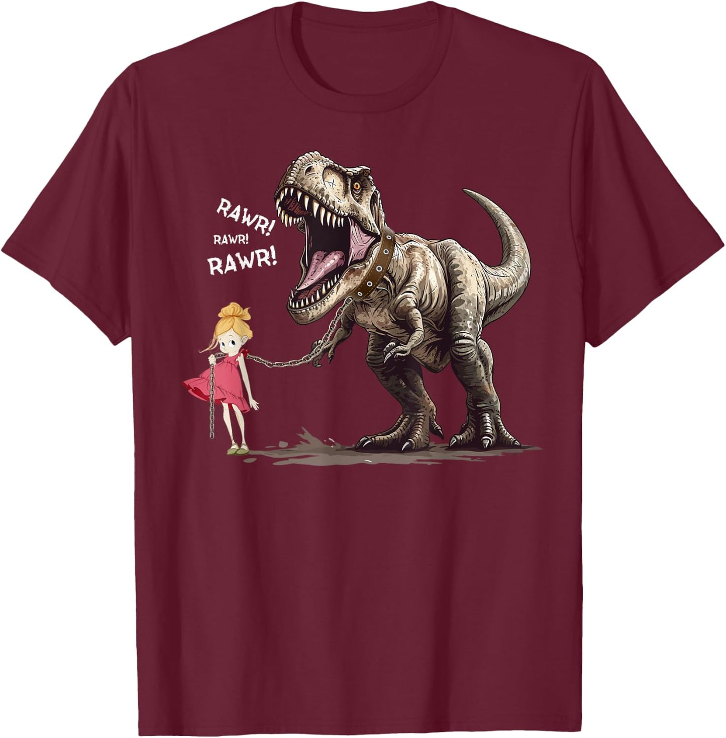 Cute T-Rex Dinosaur Pet on a Leach led by a Girl T-Shirt - T-Shirt | Maroon