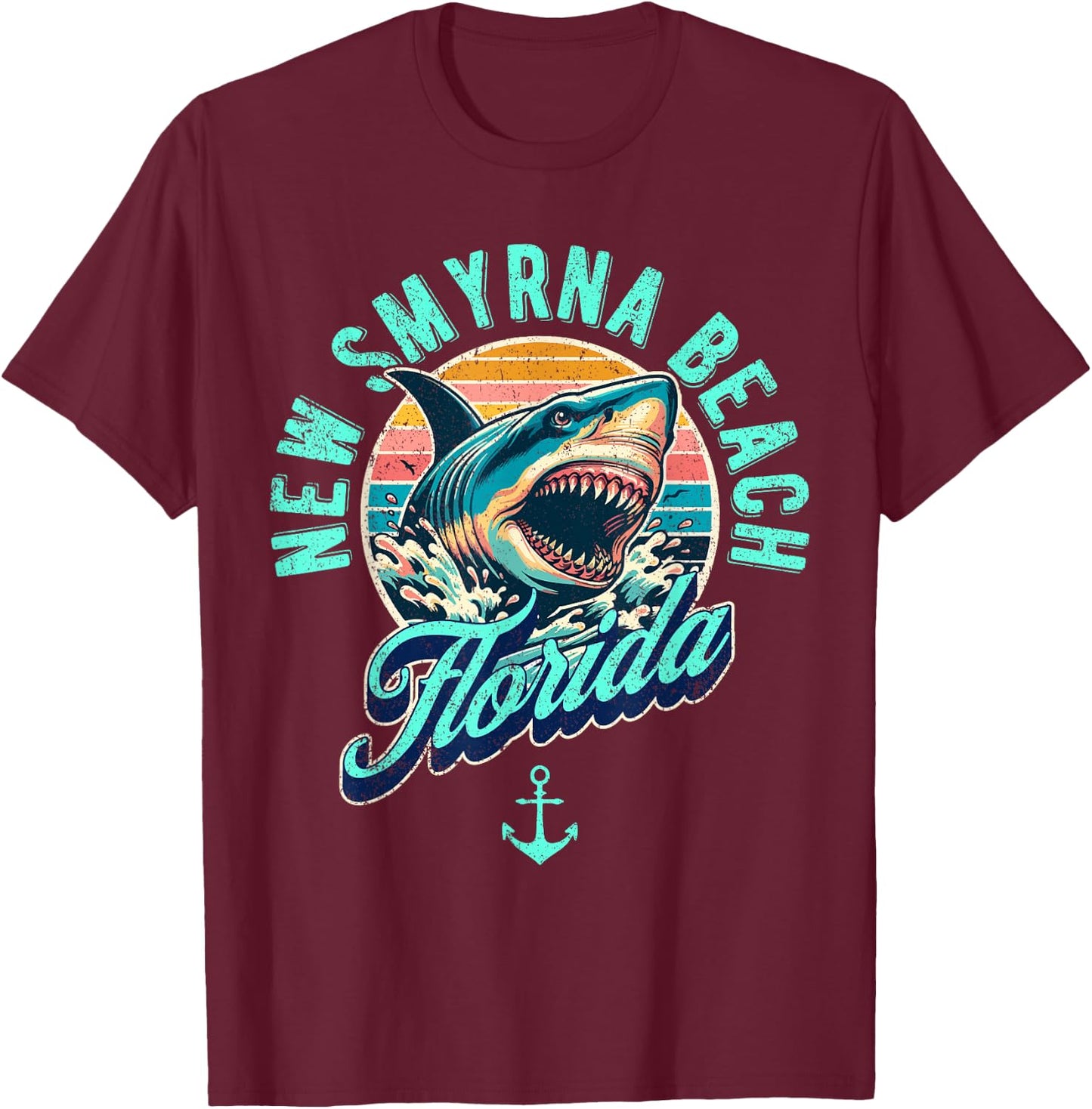 New Smyrna Beach Florida Shark Retro Distressed Design T-Shirt - T-Shirt | Maroon