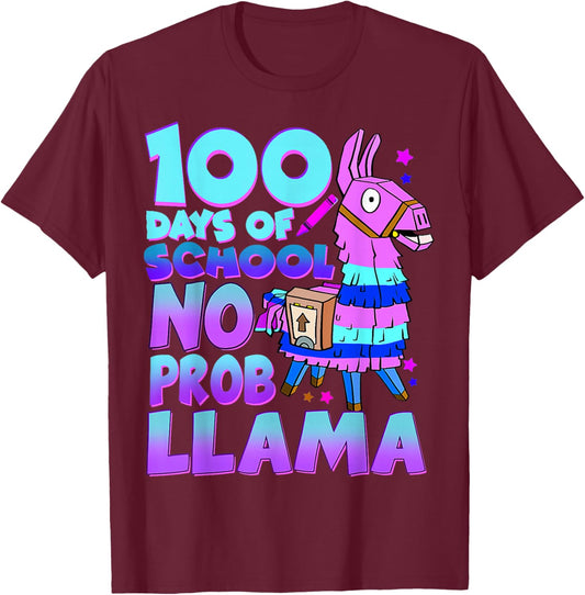 100 Days of School No Probllama Llama 100th day Gamers T-Shirt - T-Shirt | Maroon