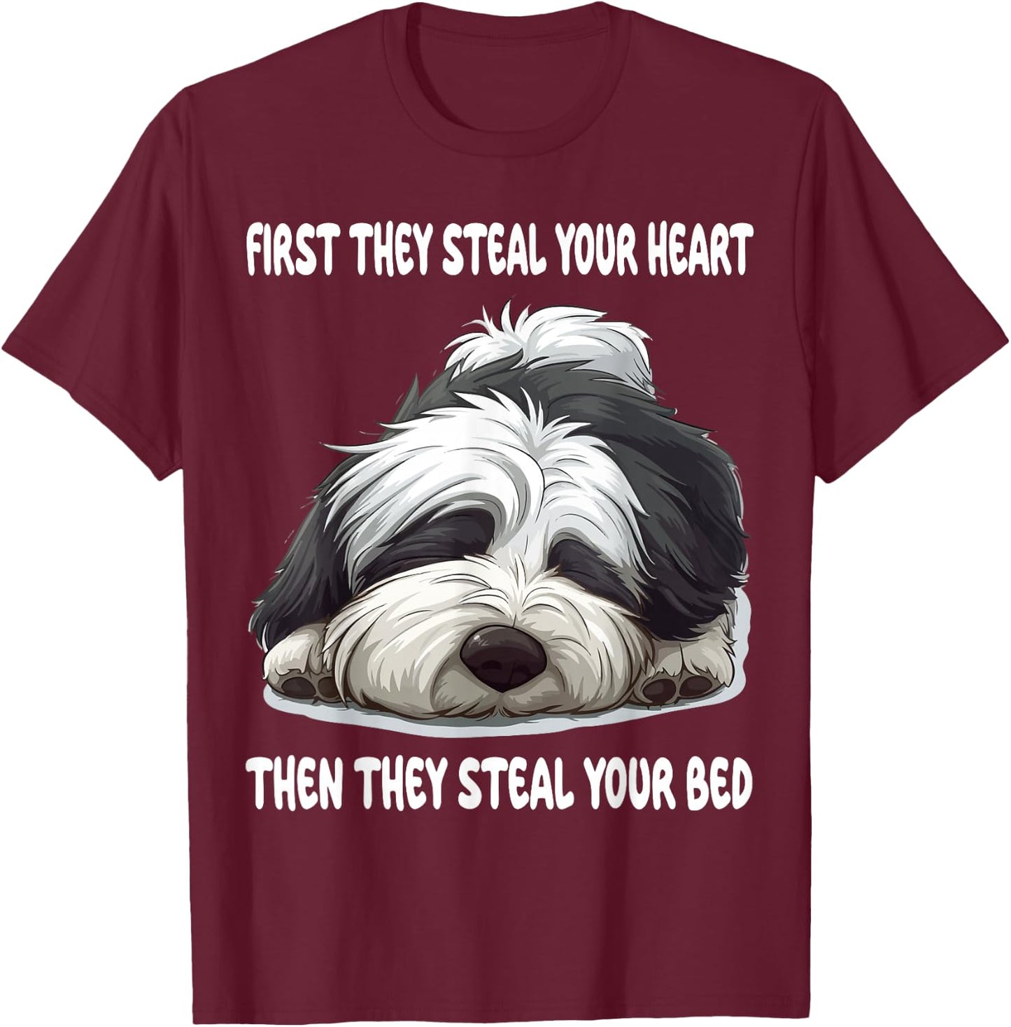 Old English Sheepdog Sleeping Pajamas Nightgown T-Shirt - T-Shirt | Maroon