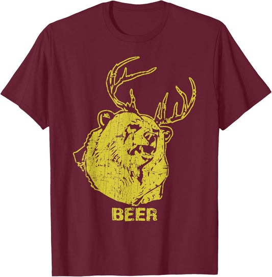 Bear Deer Beer Vintage Horn Bear Hunting T-Shirt - T-Shirt | Maroon