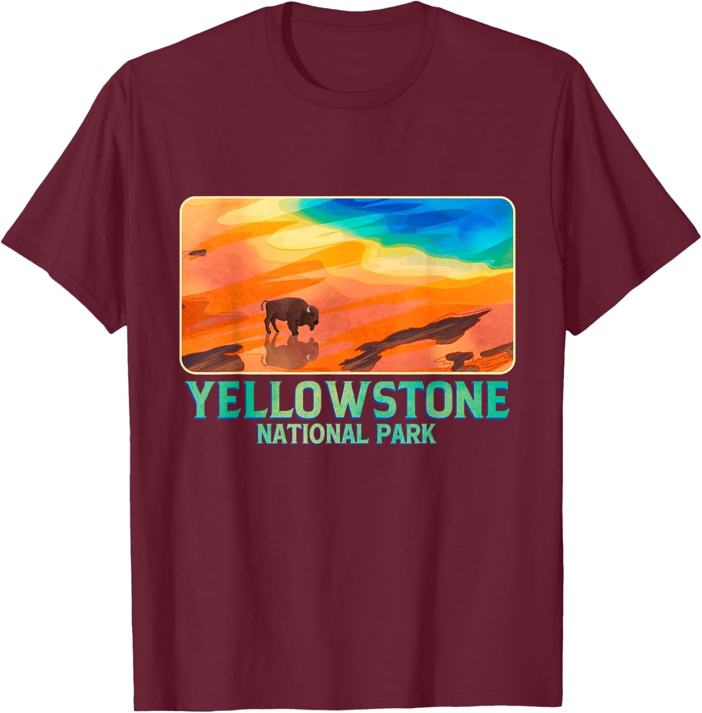 A Bison With Hot Spring Background Yellowstone National Park T-Shirt - T-Shirt | Maroon