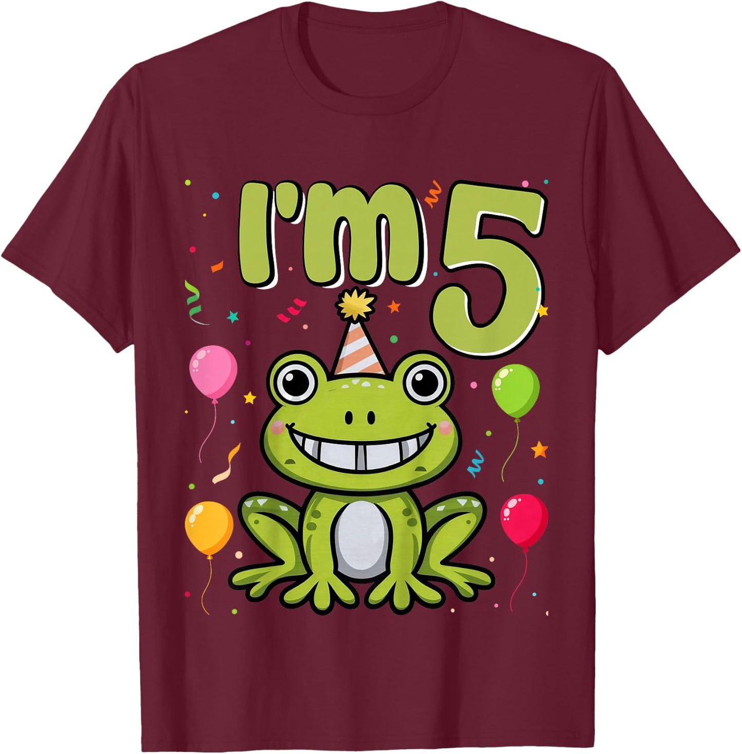 Kids I'm 5 Cute Frog Kids 5 Years Old 5th Birthday Party Frog T-Shirt - T-Shirt | Maroon