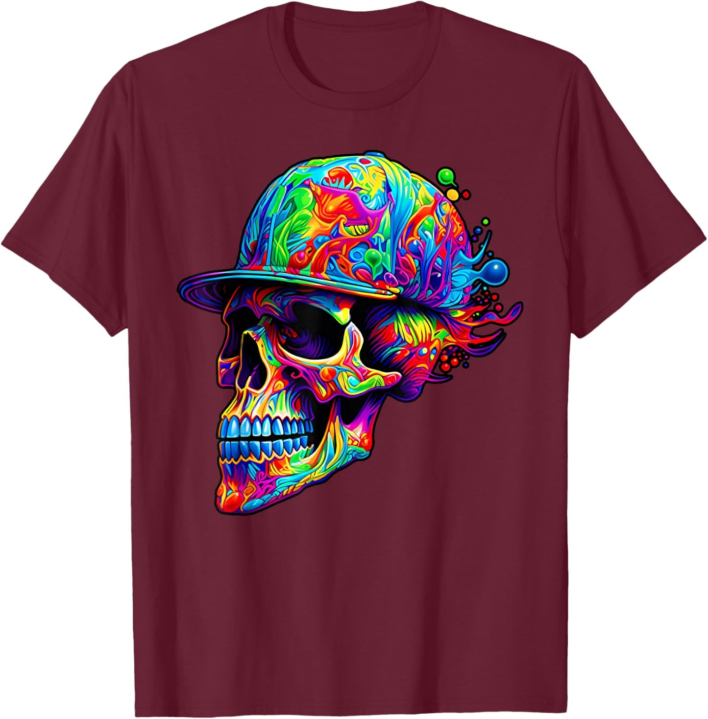 Colorful Skull With Hat Paint Skeleton Men Women Boys T-Shirt - T-Shirt | Maroon