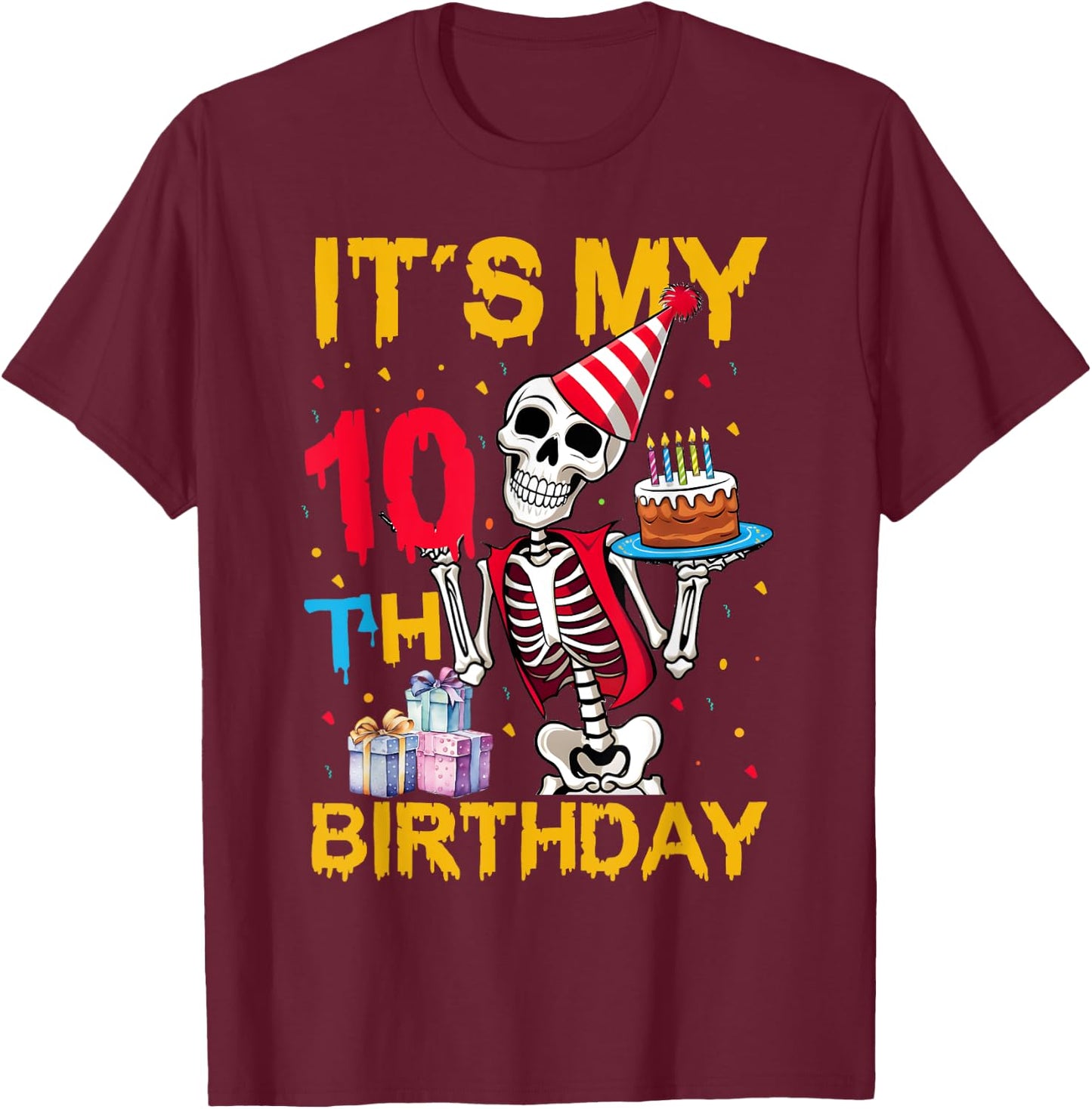 It's My 10th Birthday Party Halloween Skeleton Birthday T-Shirt - T-Shirt | Maroon