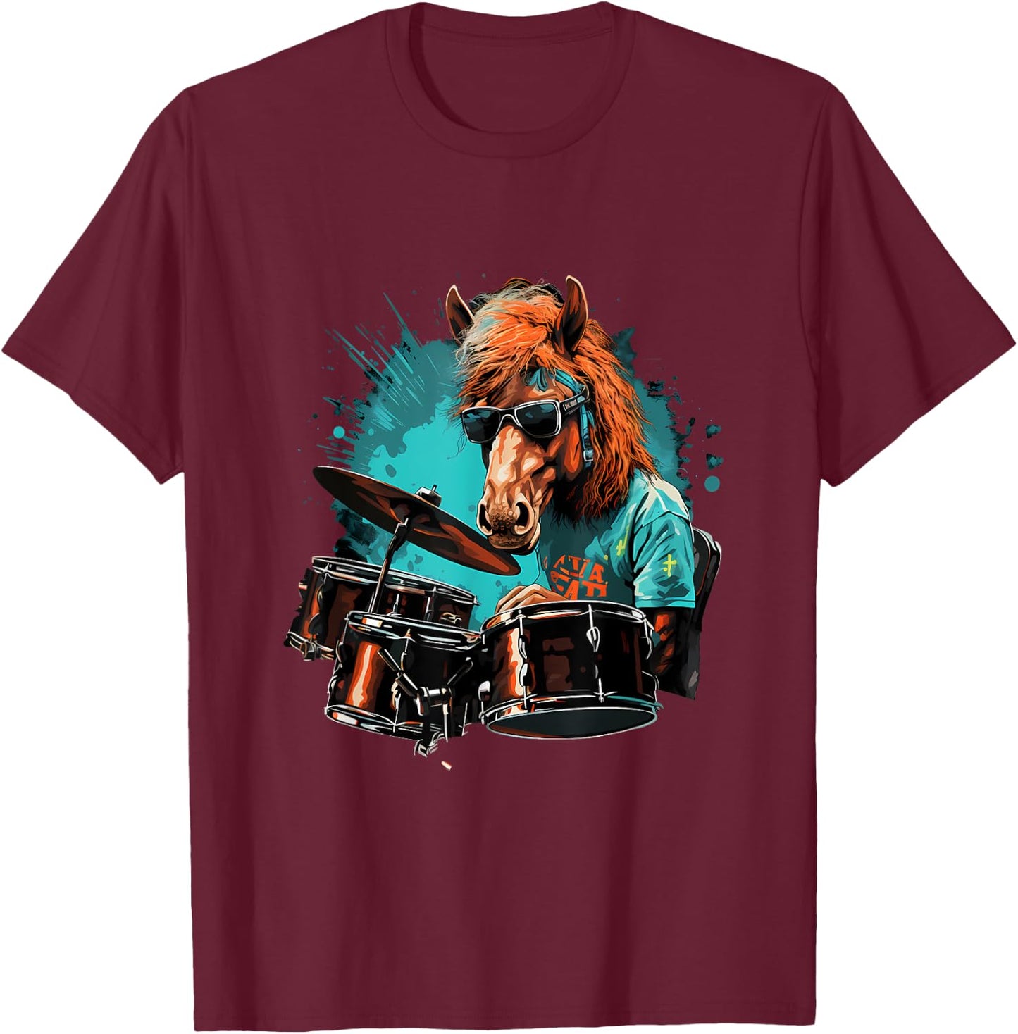 Horse Playing Drums - Animal Horse Lover Drum set T-Shirt - T-Shirt | Maroon