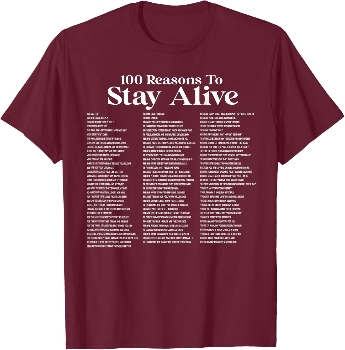 100 Reasons To Stay Alive Suicide Prevention 988 Positive T-Shirt - T-Shirt | Maroon