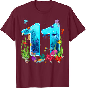 Cute 11 Ocean Sea Animal 11th Bday Party 11 Years Old T-Shirt - T-Shirt | Maroon
