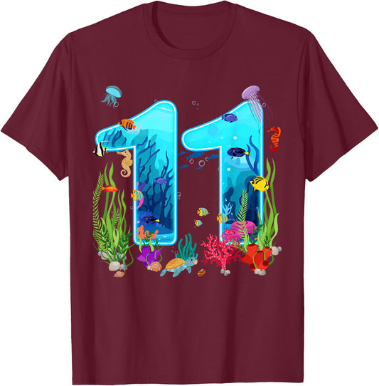 Cute 11 Ocean Sea Animal 11th Bday Party 11 Years Old T-Shirt - T-Shirt | Maroon