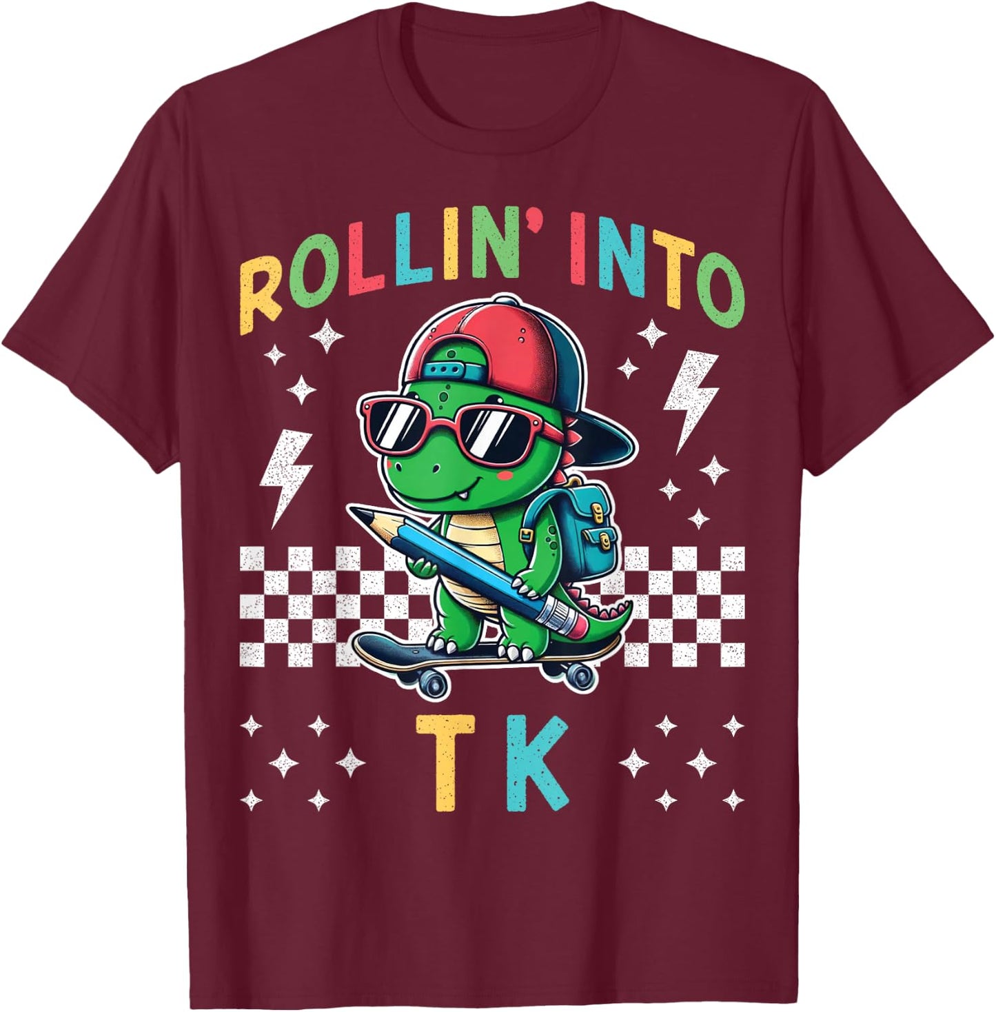 Rollin Into TK Dinosaur Skateboard Back to School Kid Funny T-Shirt - T-Shirt | Maroon