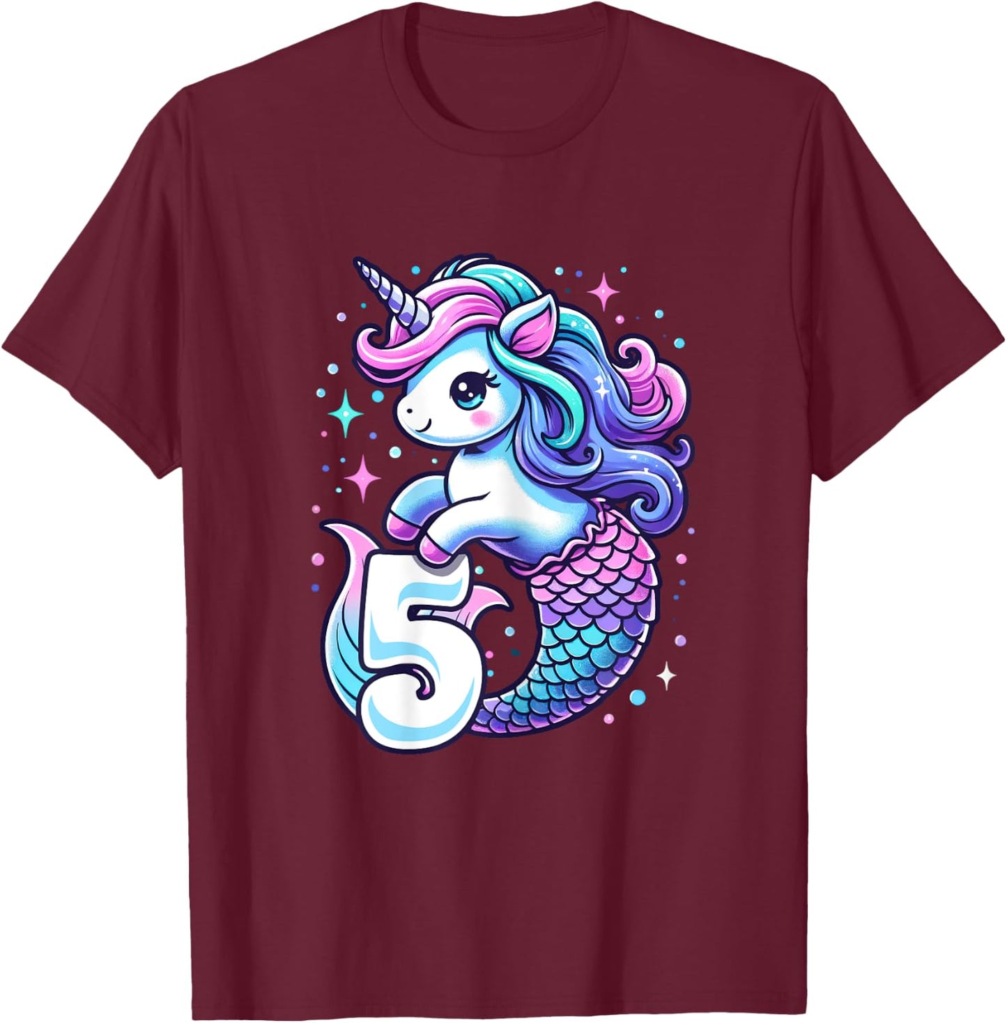 Unicorn Mermaid 5th Birthday 5 Year Old Party Girls Outfit T-Shirt - T-Shirt | Maroon