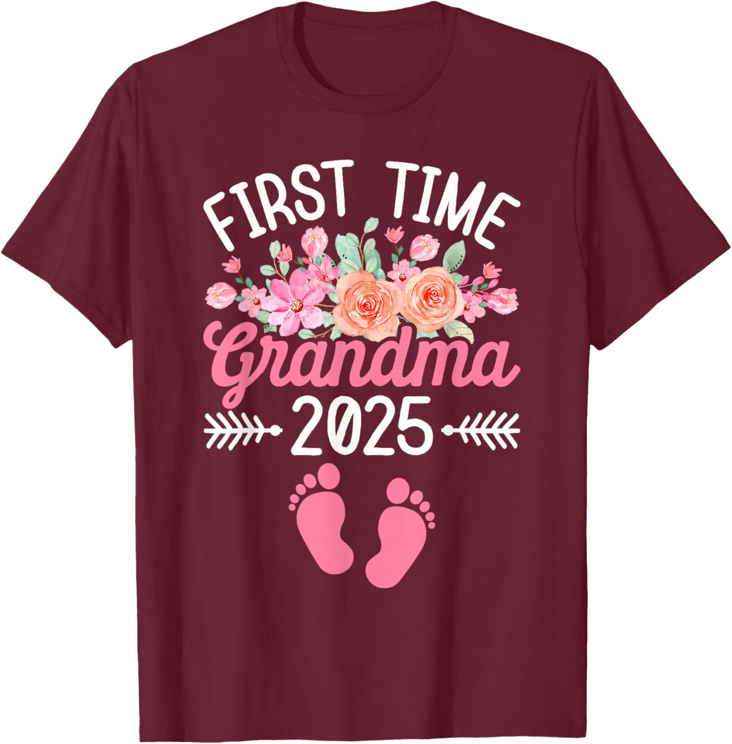 First Time Grandma Est 2025 Flower Promoted To Grandma T-Shirt - T-Shirt | Maroon