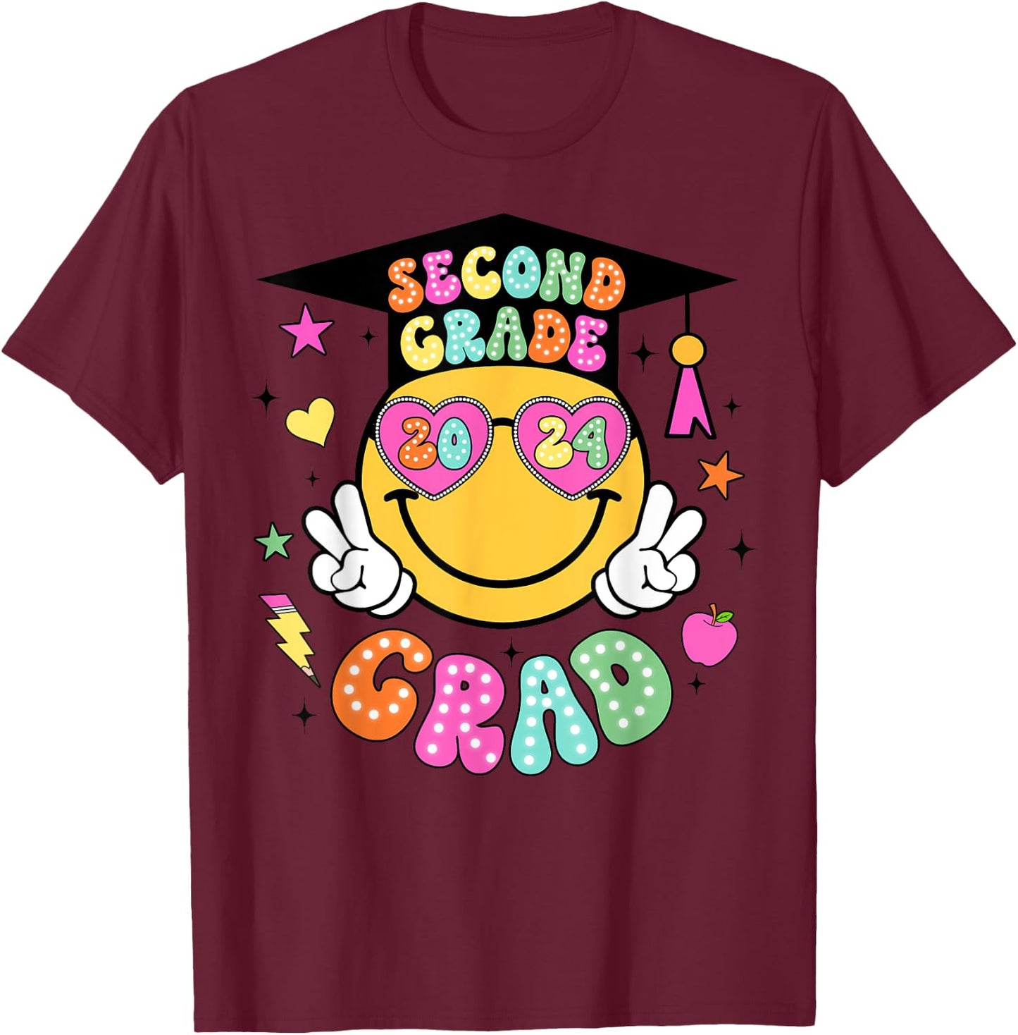 Groovy 2nd Grade Graduate Happy Face Graduation 2024 Grad T-Shirt - T-Shirt | Maroon