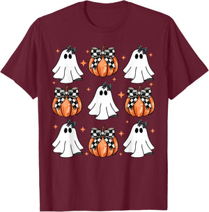 Coquette Bow Pumpkin Ghost Halloween Girly Ghost Women Girl T-Shirt - T-Shirt | Maroon